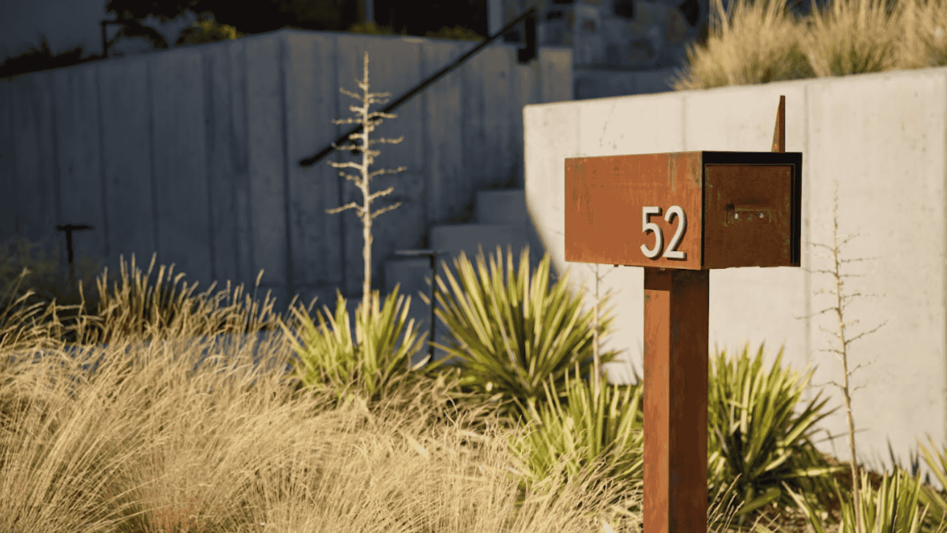 White house numbers on a modern patina mailbox by Post & Porch