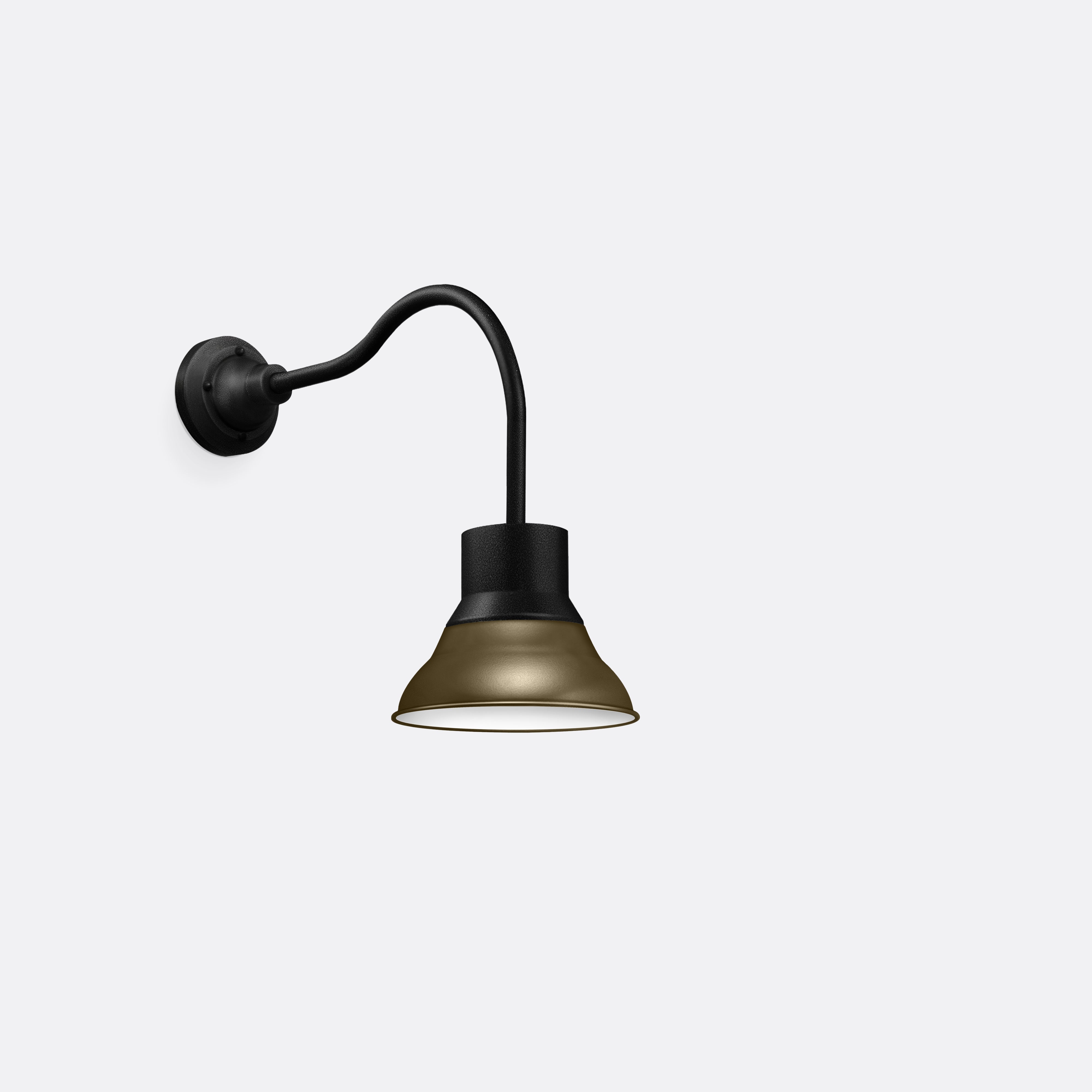 Wall-mounted loutdoor lighting fixture with a black arm and gold shade on a white background
