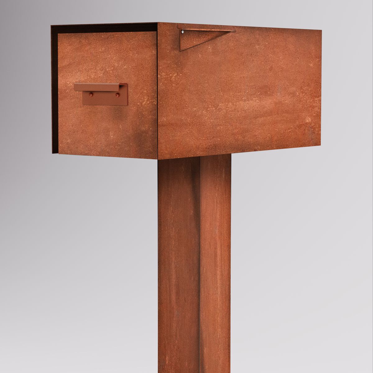 The Malone mailbox rendered with a rusted Corten patina finish